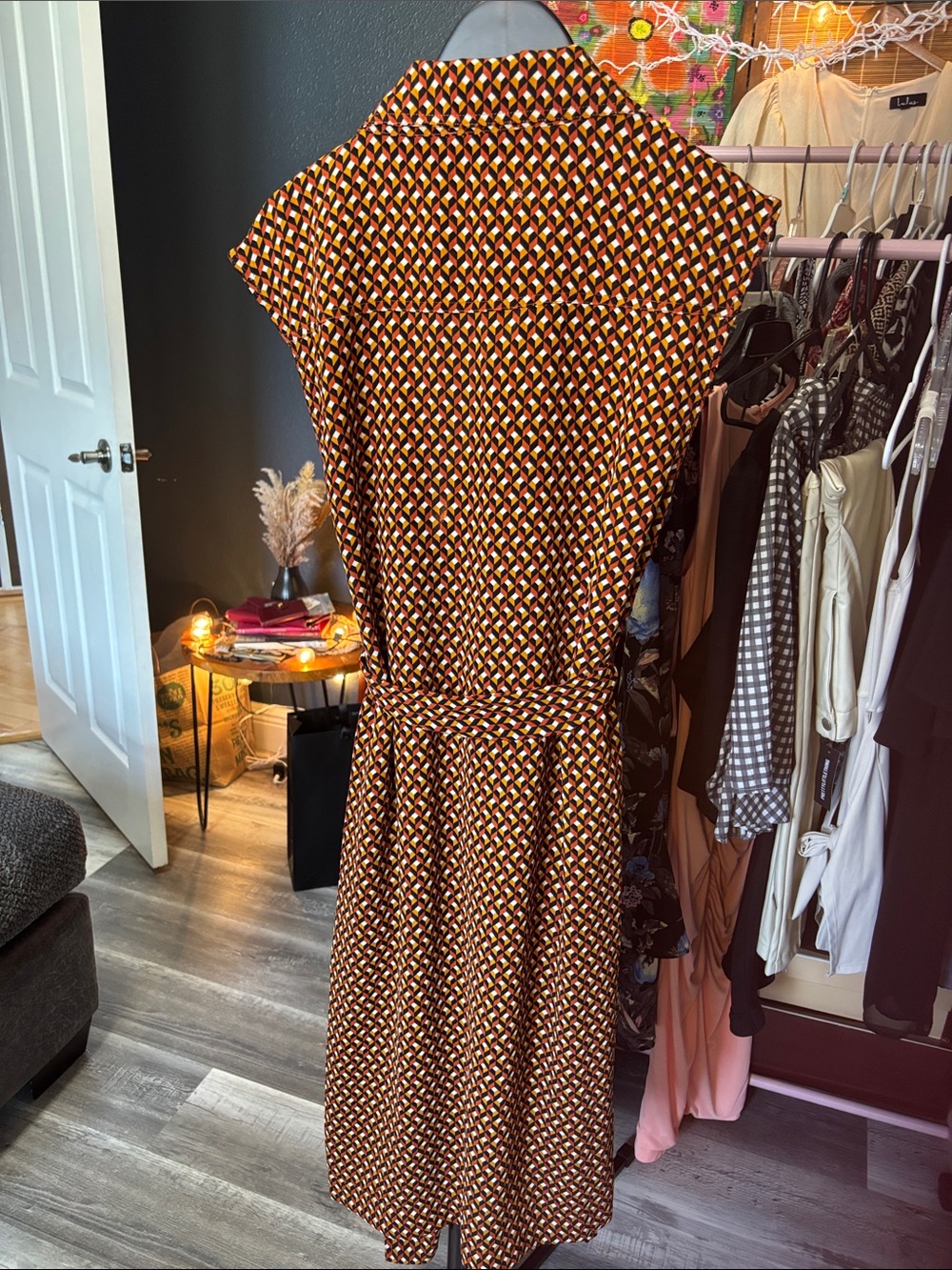 Michael Kors Brown Geometric Sleeveless Wrap Midi Dress - Picture 8 of 9